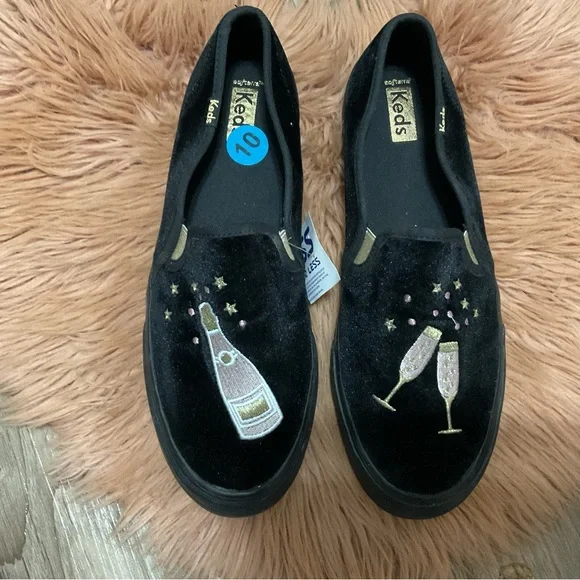 Keds Black Velvet Embroidered Flats Size 10 - Picture 2 of 5